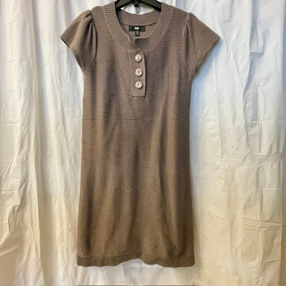 Mossimo Y2K Taupe Brown Ribbed Knit Short Puff Sleeve Mini Sweater Dress M